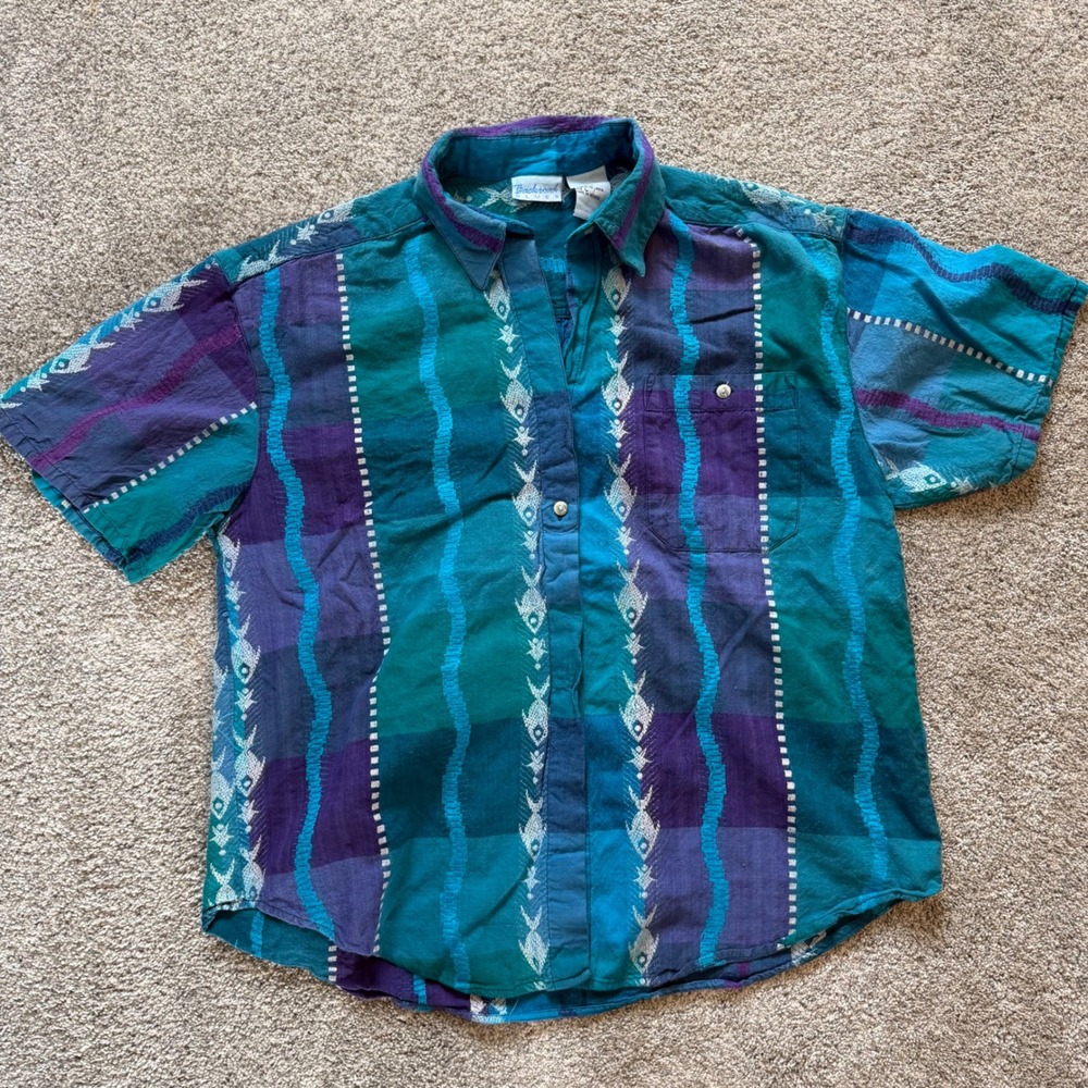 Backroad Blues Mens Large Teal Purple Fish Ikat Cotton Short Sleeve Button Shirt